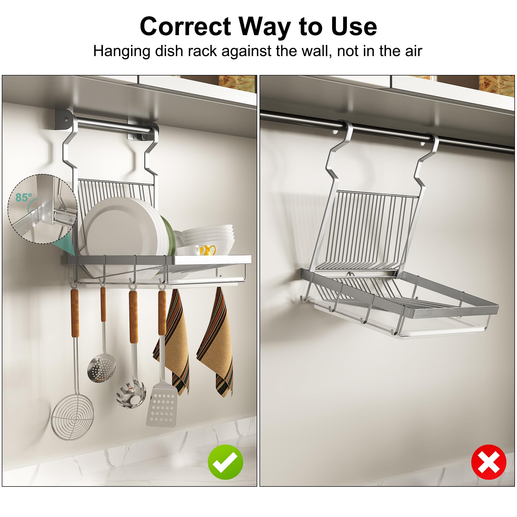 TQVAI wall mounted dish rack with drainboard keeps counters tidy.