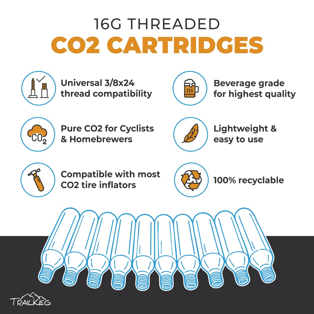 TrailKeg 16g CO2 cartridge for bike tire inflator; reliable on-trail pressure