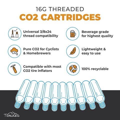 TrailKeg 16g CO2 cartridge for bike tire inflator; reliable on-trail pressure