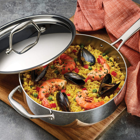 Tramontina Signature lid on pan sealing moisture for richer flavors