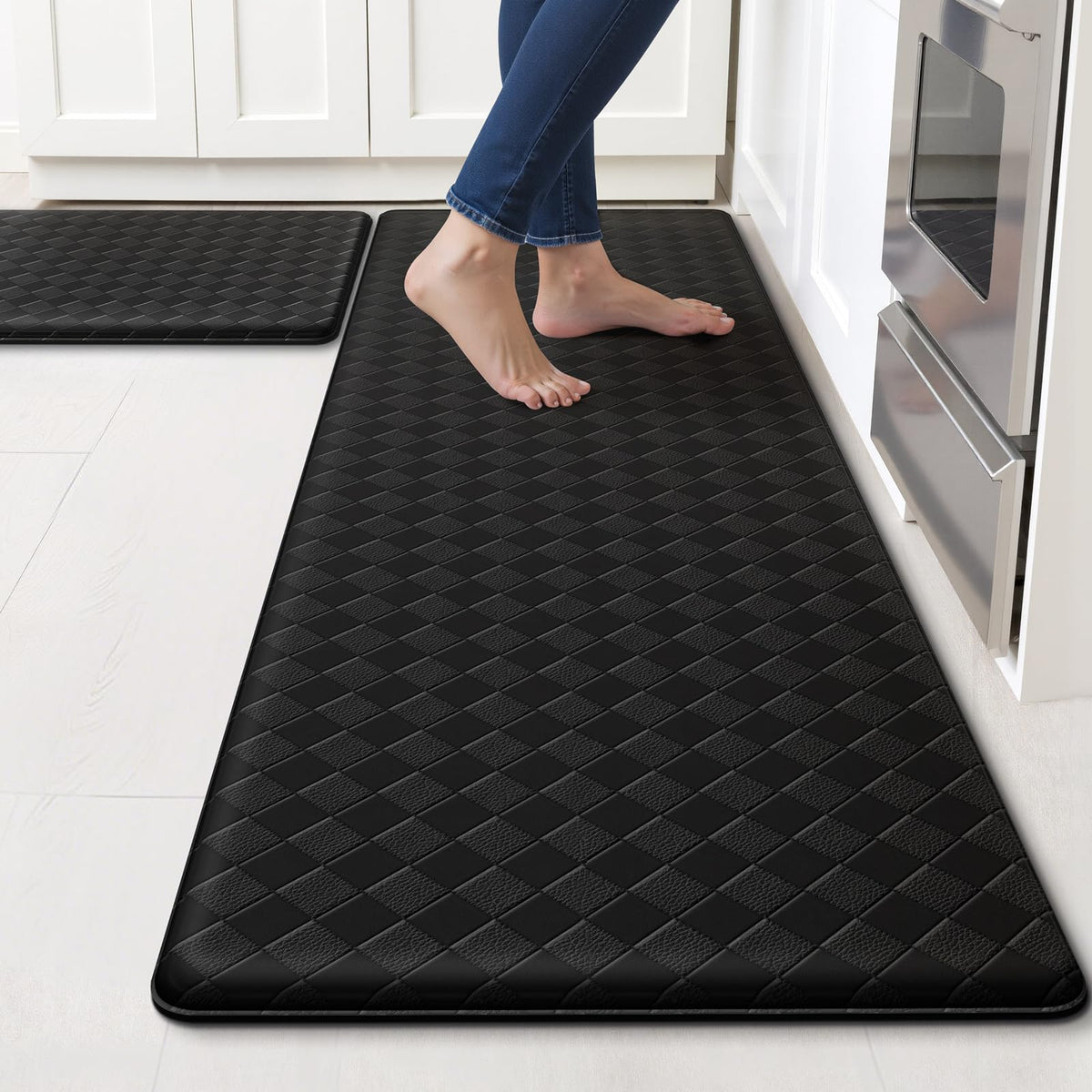 TranquilRelax diamond kitchen mat front-sink view with cushioned comfort under the sink.