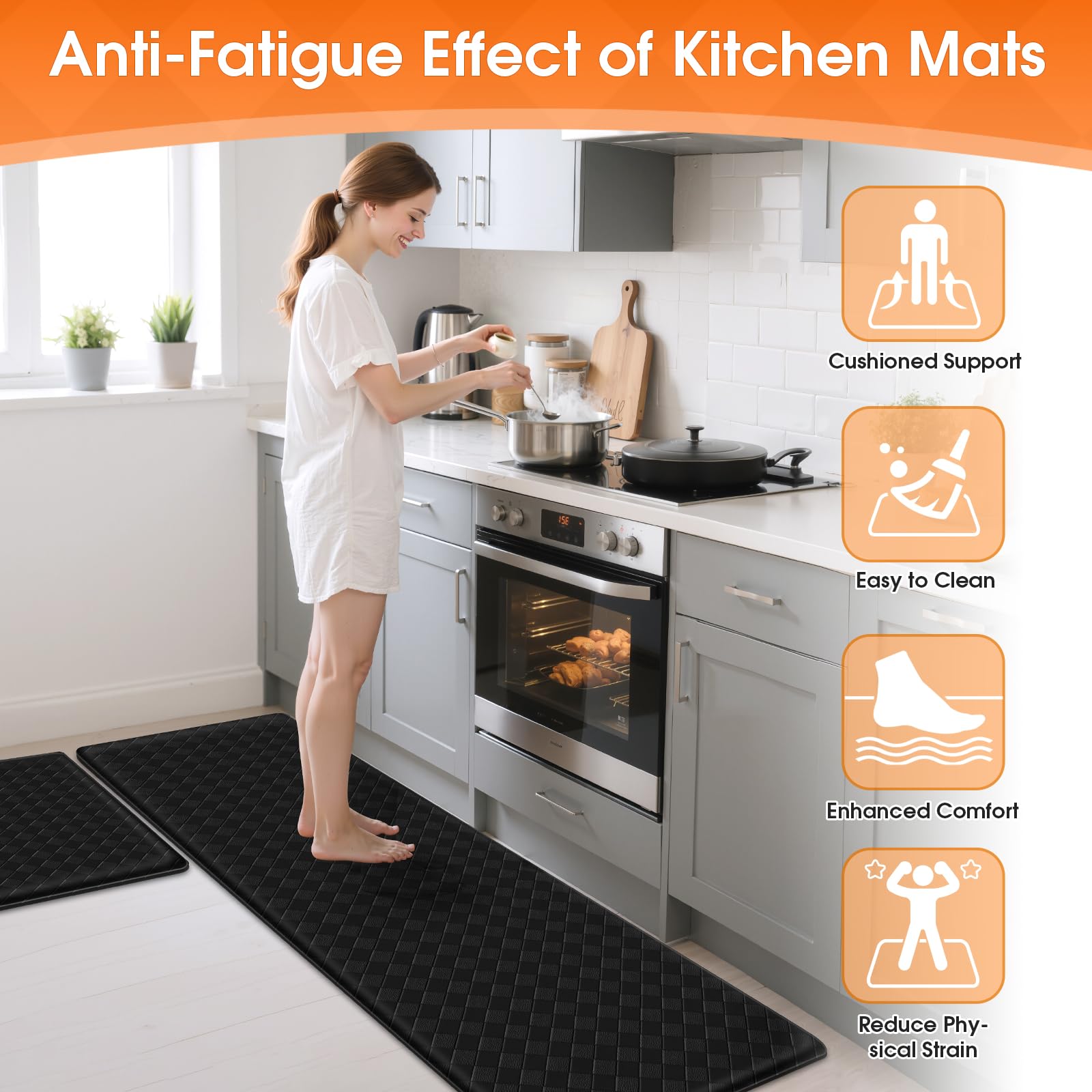 TranquilRelax diamond kitchen mat in laundry-room scene keeping feet comfortable while laundering.