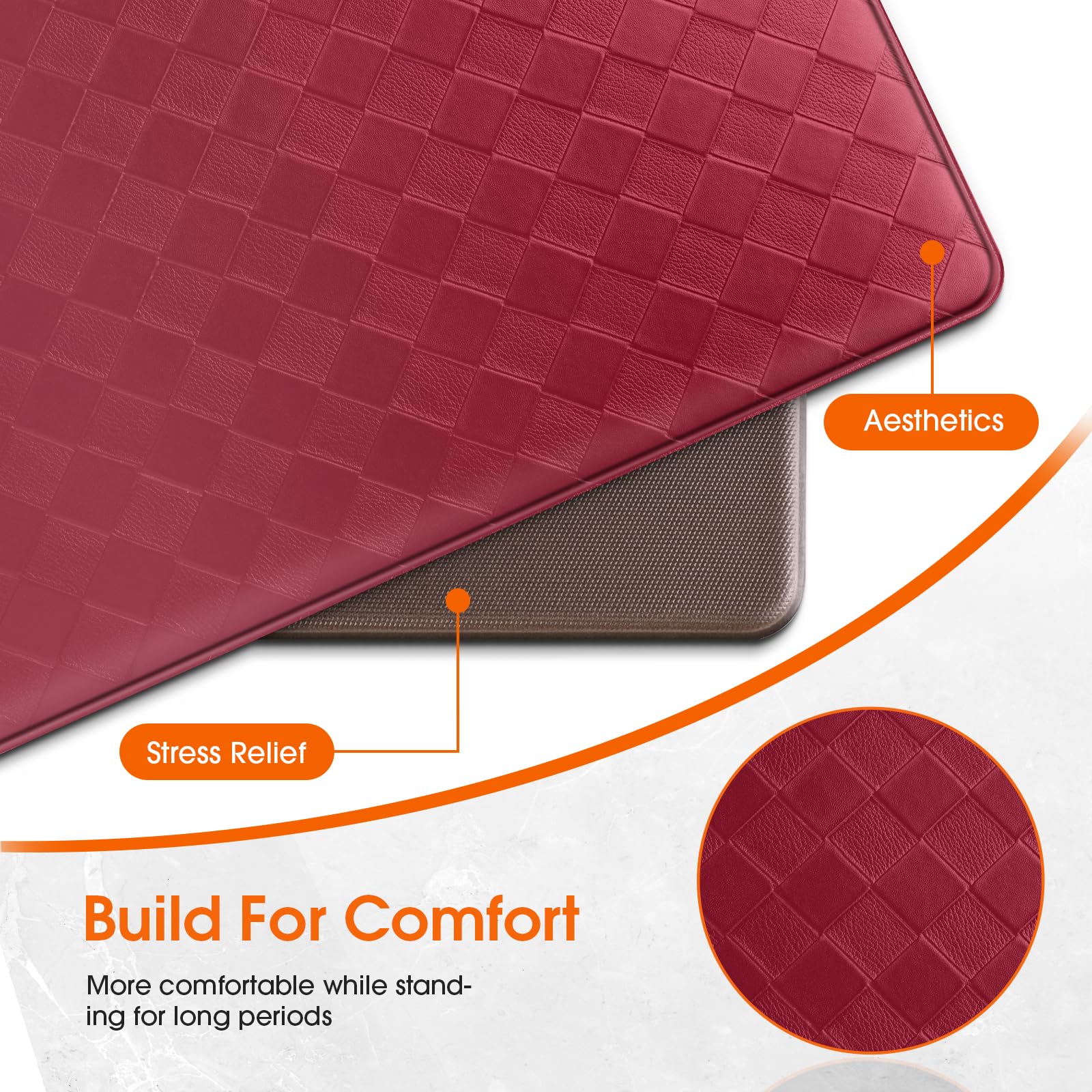 TranquilRelax diamond-pattern red mats add contemporary style to the kitchen.