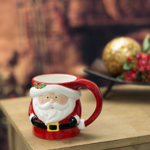 Transpac Santa Holiday mug red, side detail shows craftsmanship and durable stoneware for daily use.