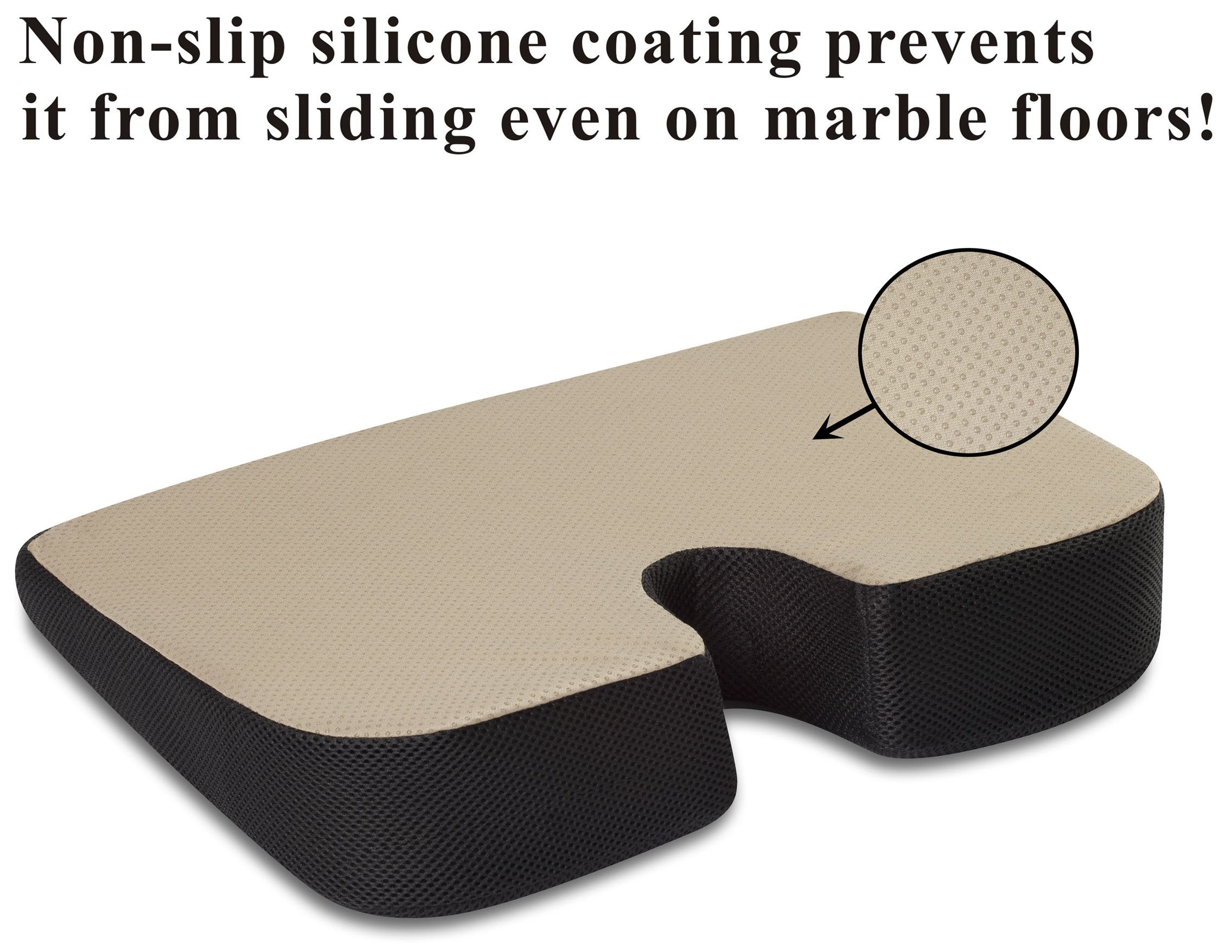 TravelMate cushion back view highlights non-slip cover for stable seating on smooth floors