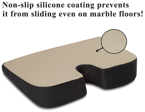 TravelMate cushion back view highlights non-slip cover for stable seating on smooth floors