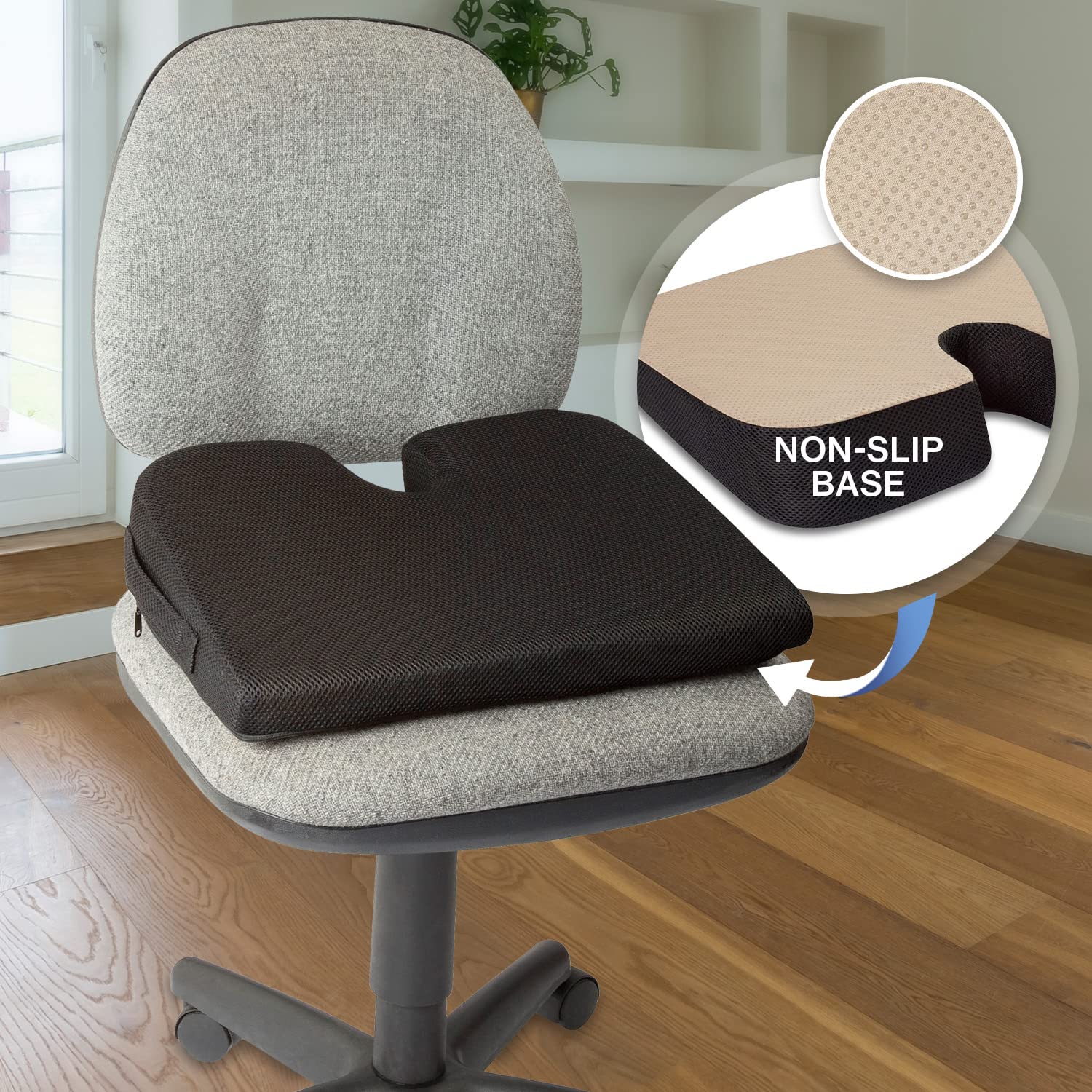 TravelMate cushion cutout tailbone design reduces coccyx pressure during seating