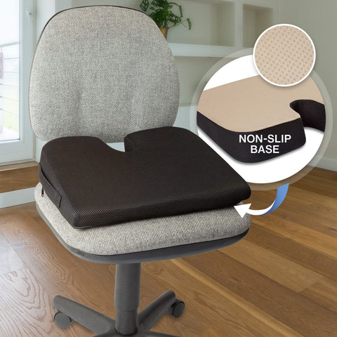 TravelMate cushion cutout tailbone design reduces coccyx pressure during seating