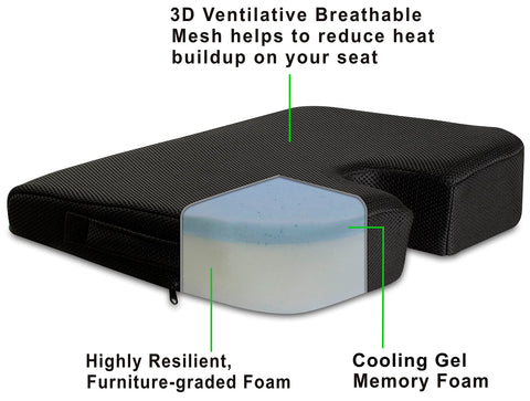 TravelMate cushion side view emphasizes memory foam top and durable base comfort
