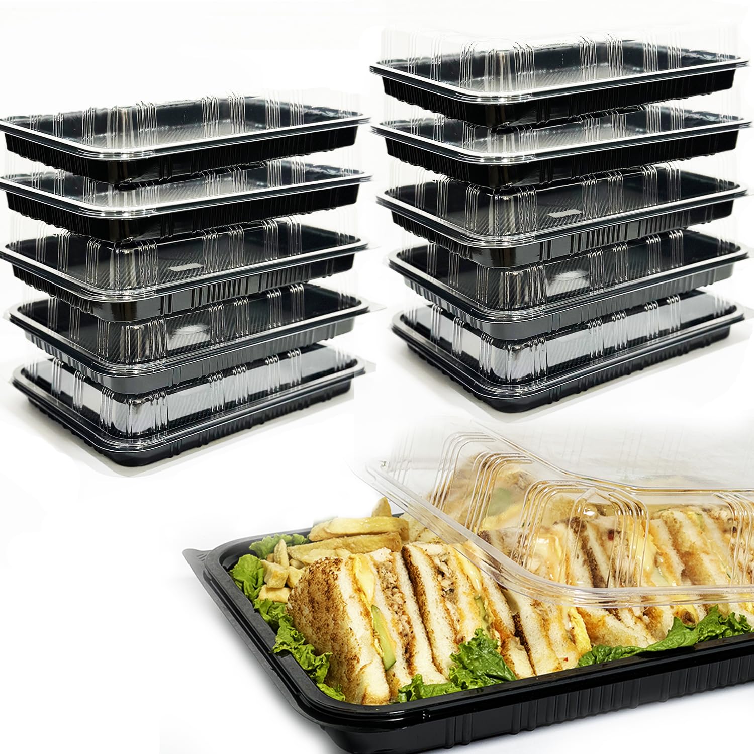 TRAYA pack of 10 serving trays with lids—closed for transport and freshness.