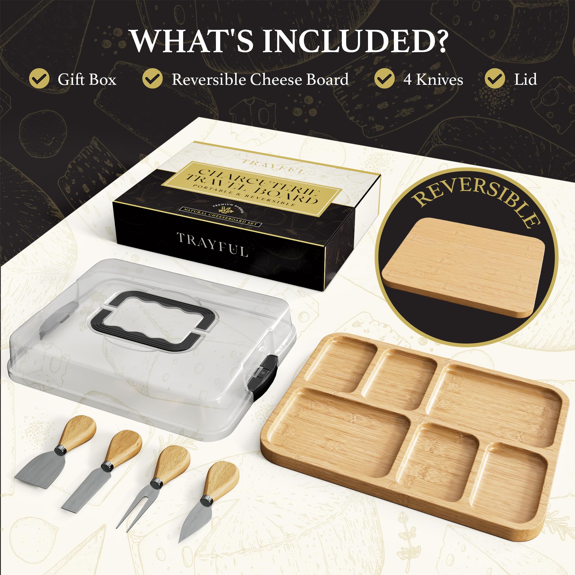 Trayful charcuterie board carrying handle makes outdoor setups easy.