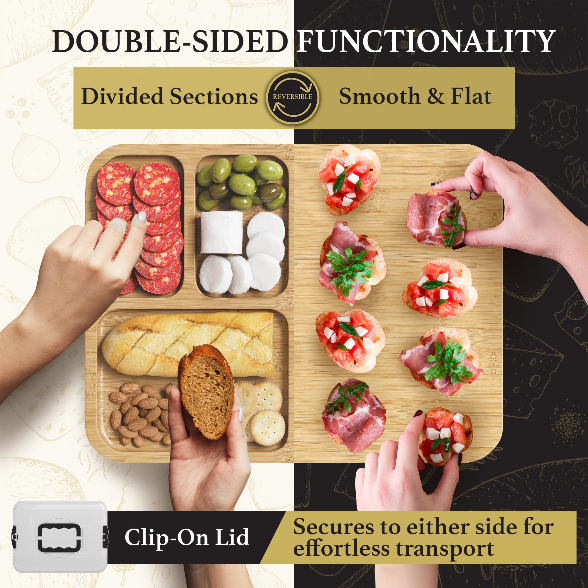 Trayful charcuterie board with lid closed protects contents during transport.