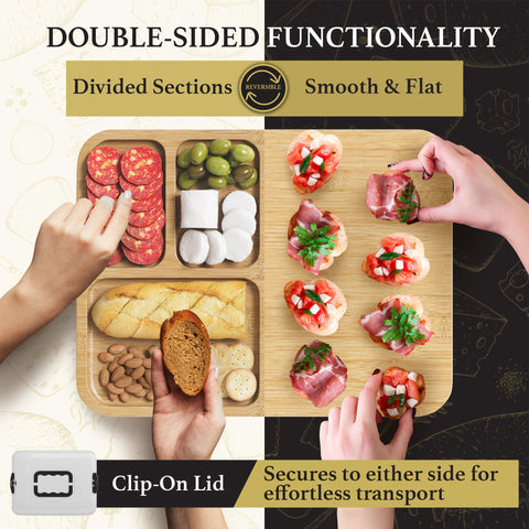 Trayful charcuterie board with lid closed protects contents during transport.