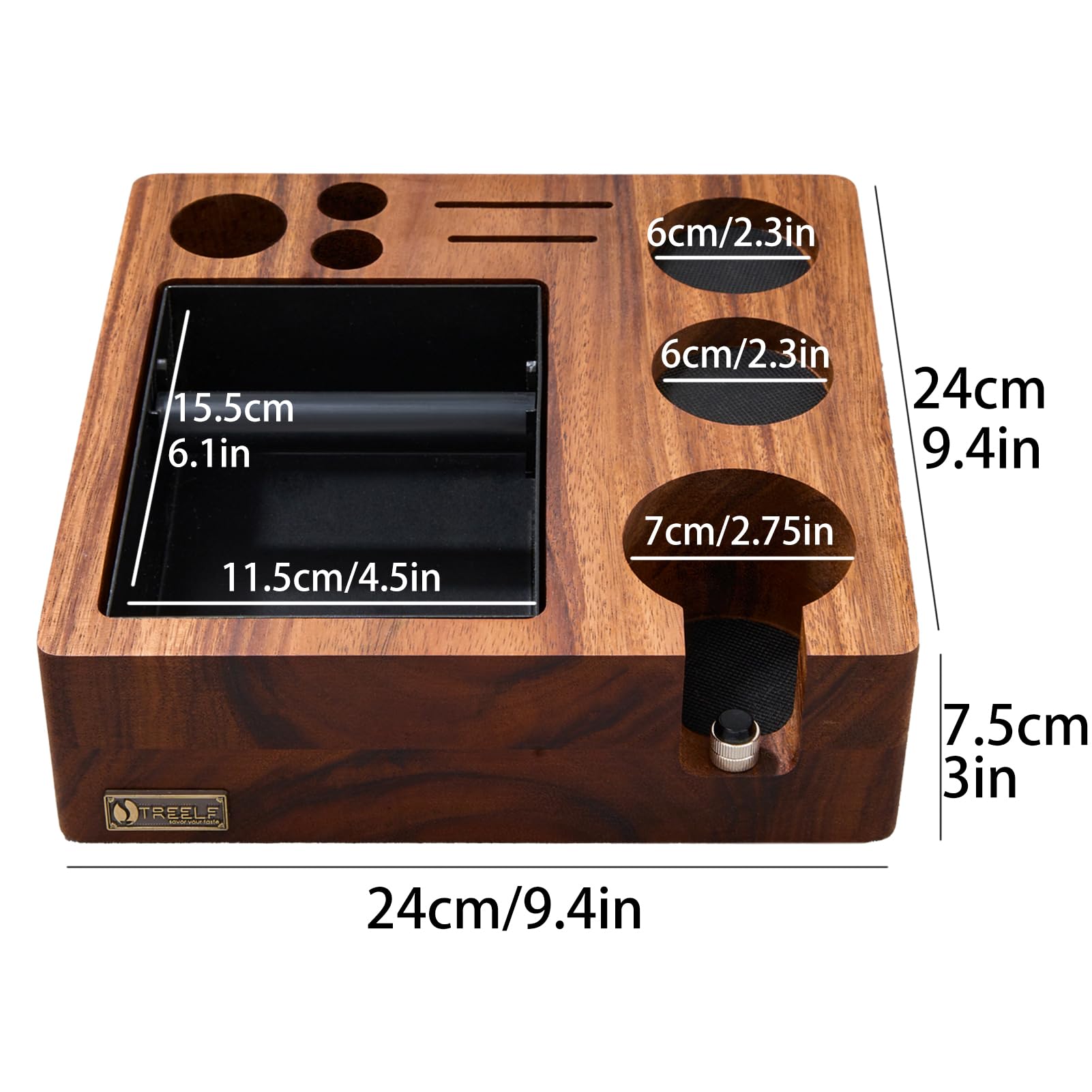 TREELF espresso tamping station slot storage keeps tools within reach.