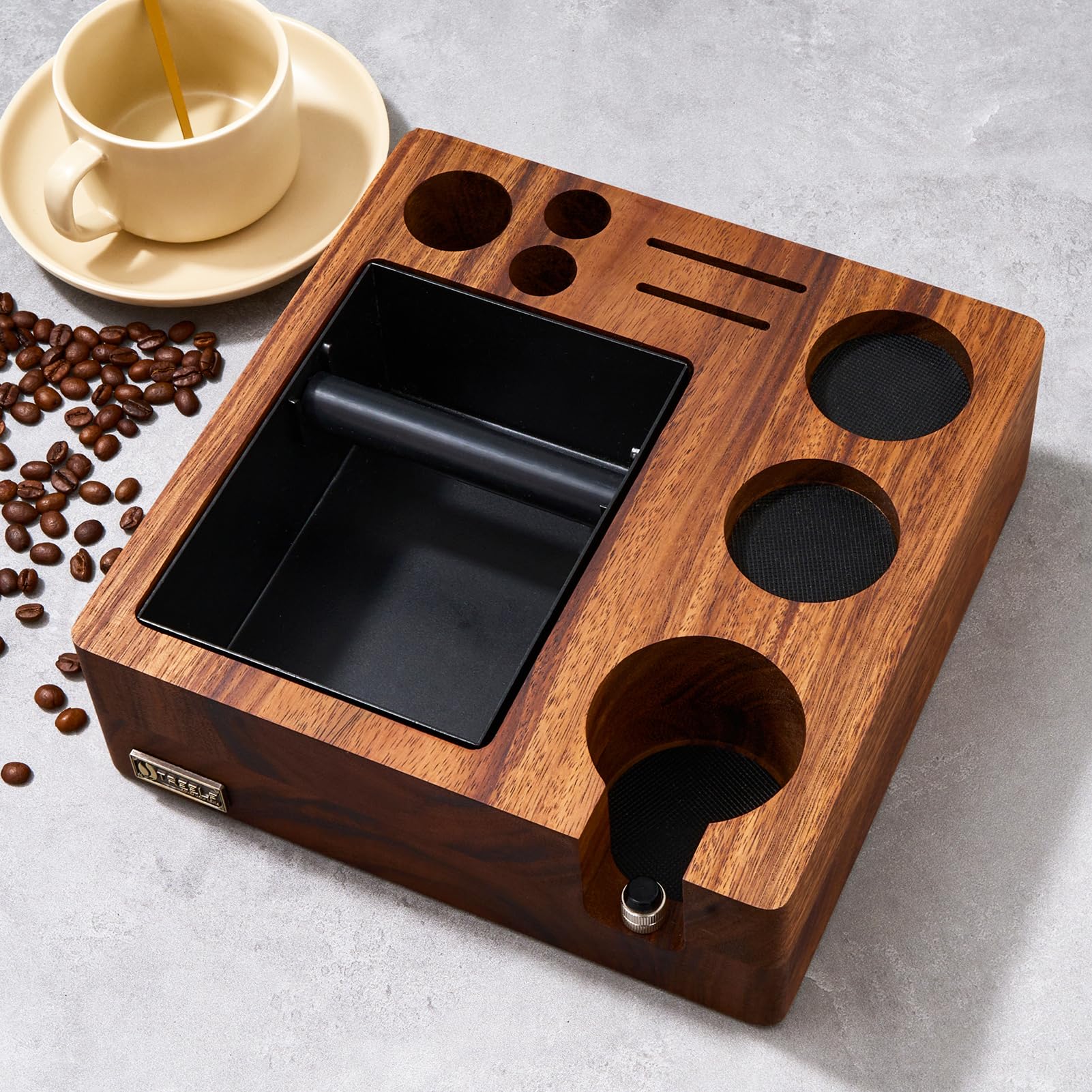 TREELF espresso tamping station in walnut wood keeps accessories organized at hand.