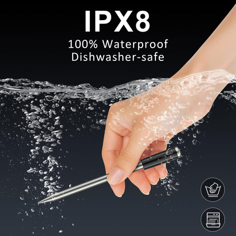 Trefoiled heat-resistant IPX8 probe withstands high-heat cooking.