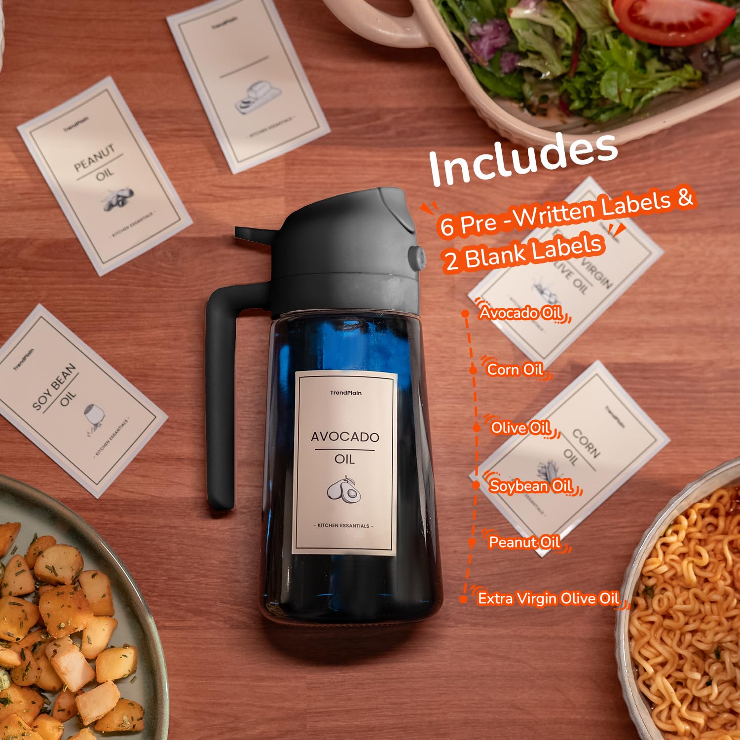 TrendPlain 2-in-1 oil dispenser and sprayer for easy switching between pour and spray.