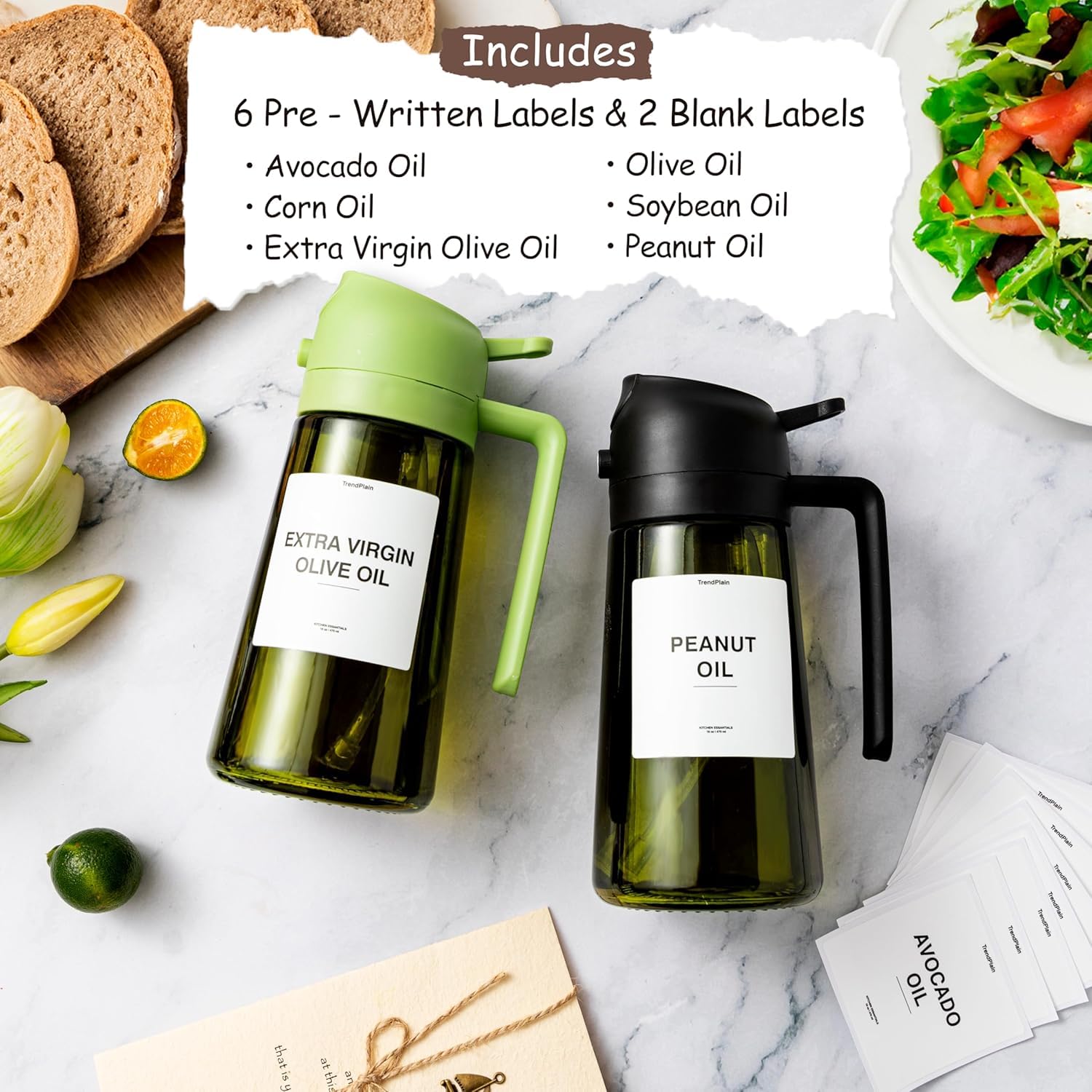 TrendPlain olive oil dispenser glass jar with precision spray nozzle for even coverage