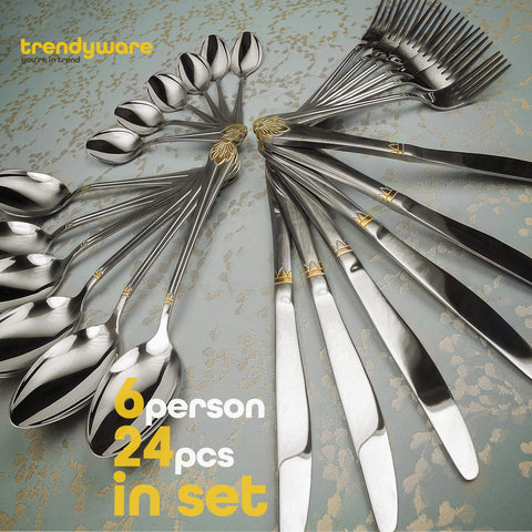 TrendyWare gold-accent flatware close-up on ergonomic handle
