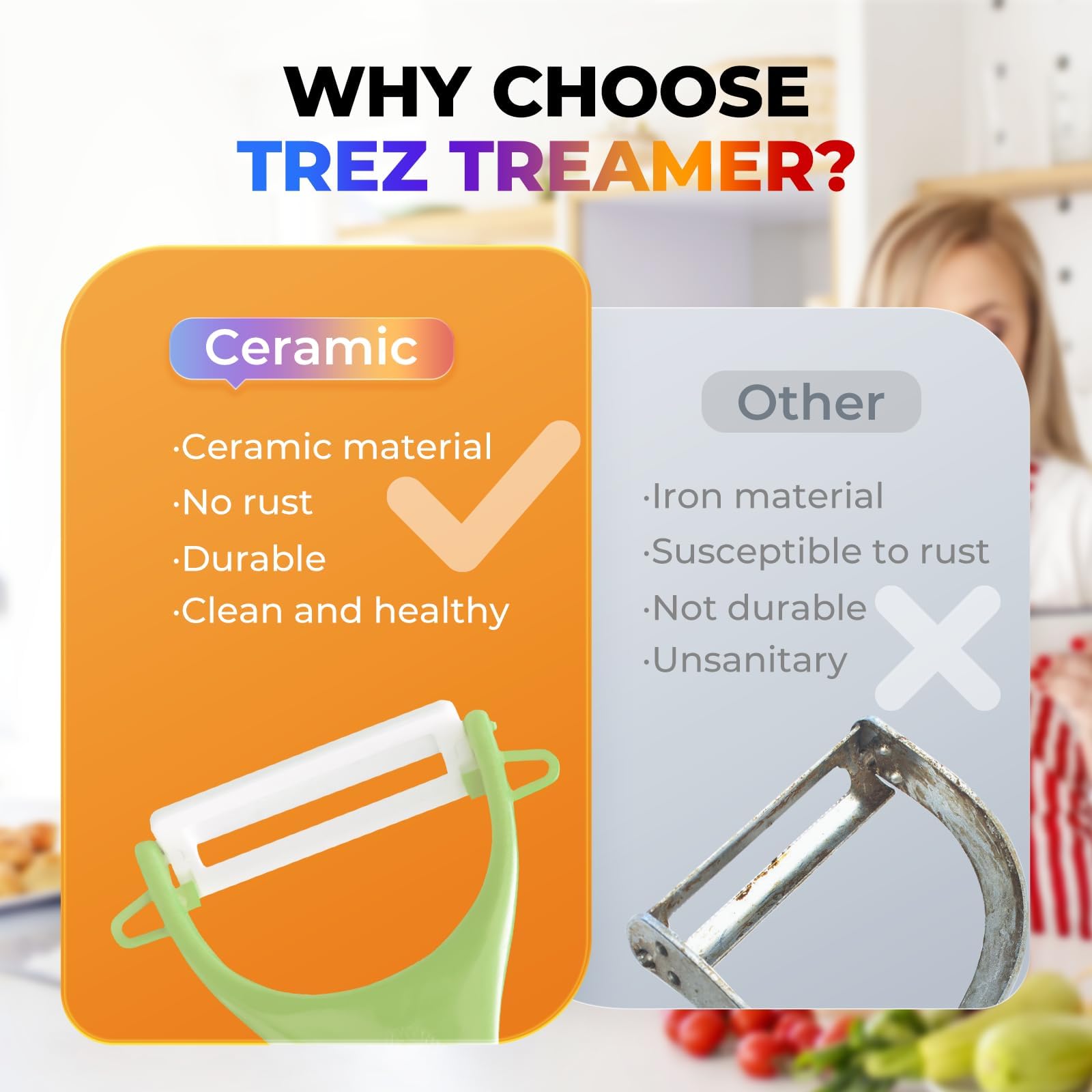 Trez Treamer dishwasher-safe peelers – easy cleaning and storage.
