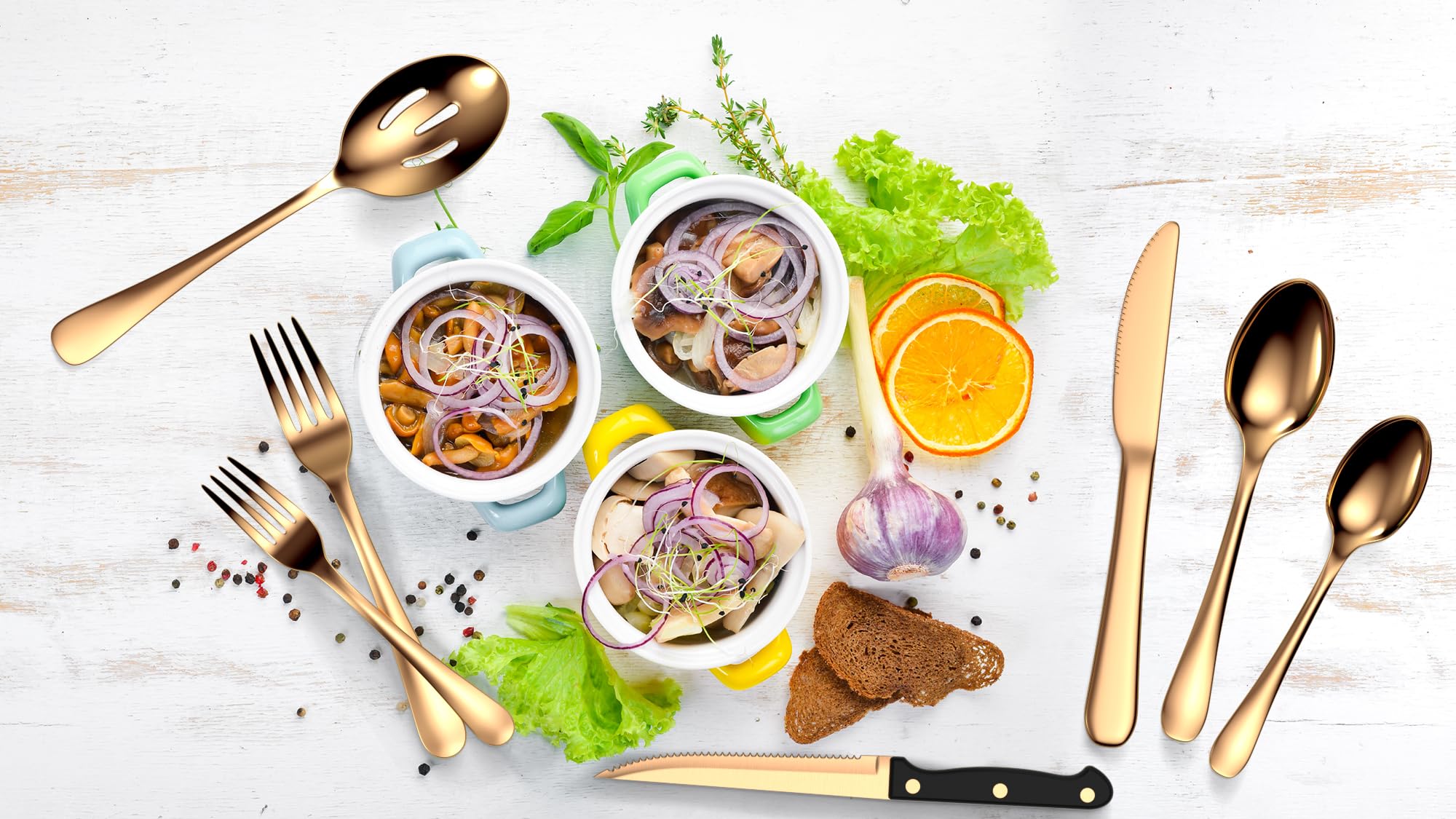 Tribal Cooking 49-piece gold flatware set shines with polished finish and versatility