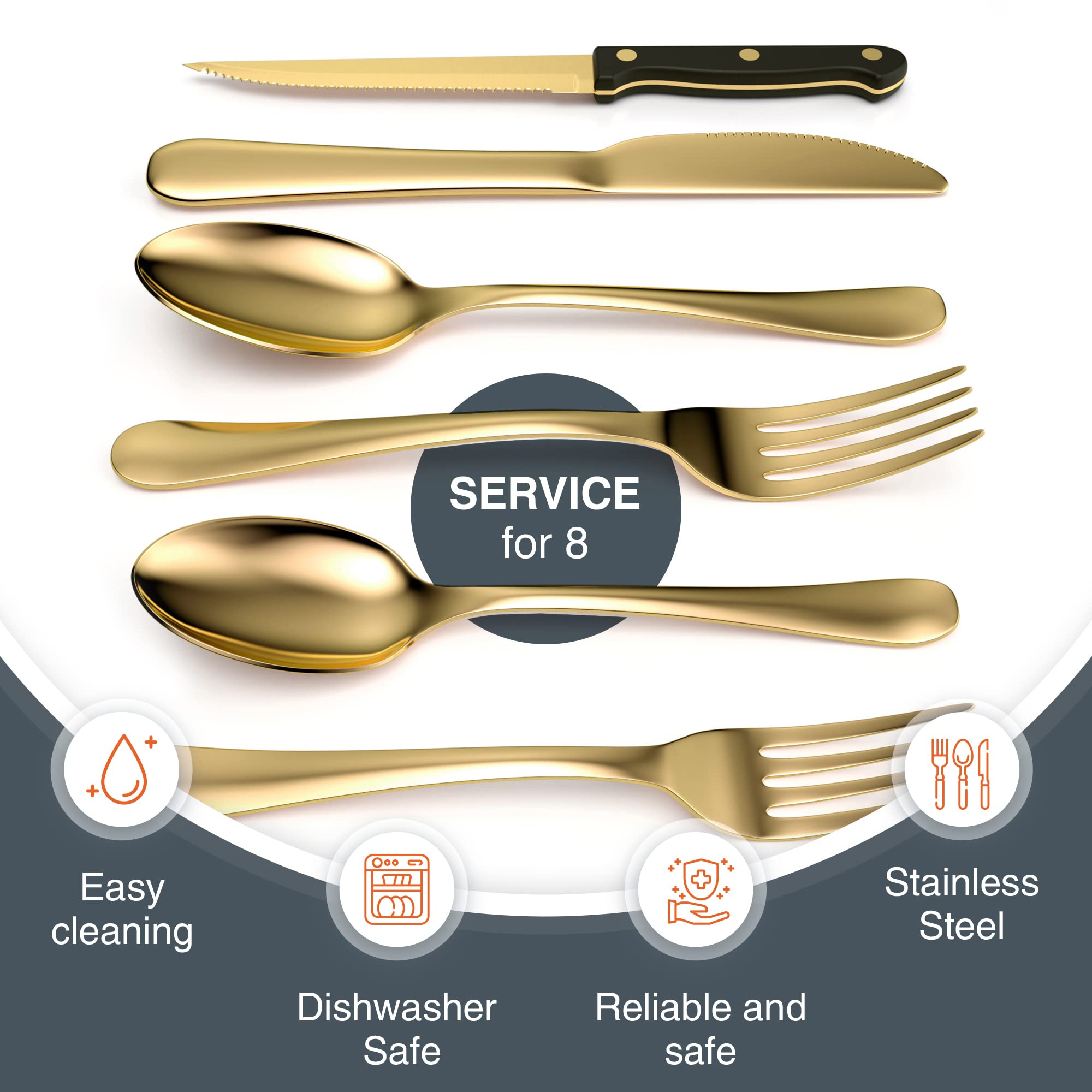 Tribal Cooking stainless steel gold flatware with dishwasher safe convenience
