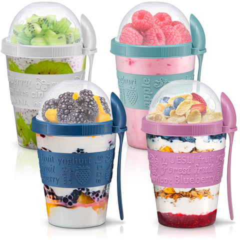Tribello parfait cups with lids and spoon for mess-free on-the-go meals.