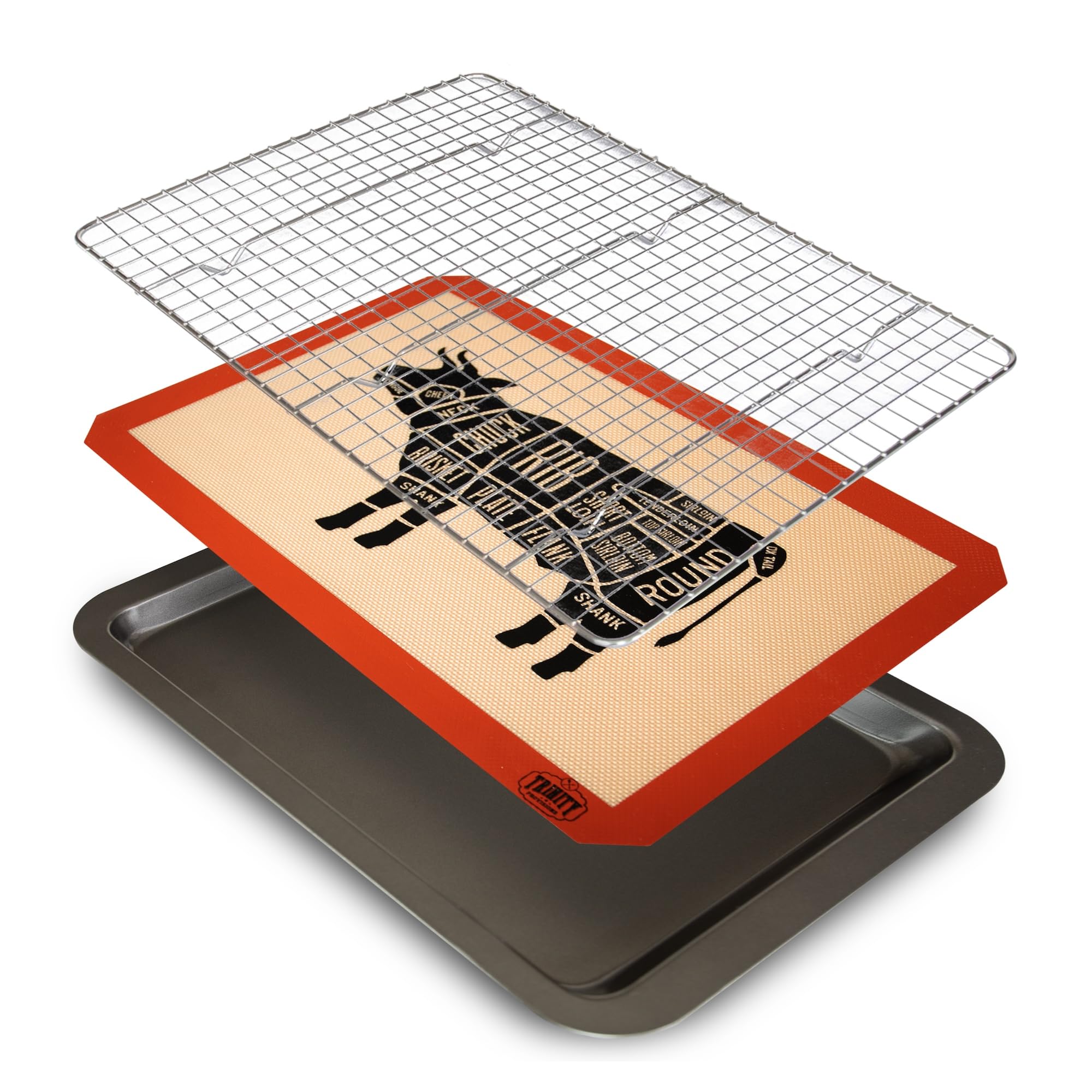 Trinity Provisions meat resting pan with wire rack highlights juicier steaks after resting