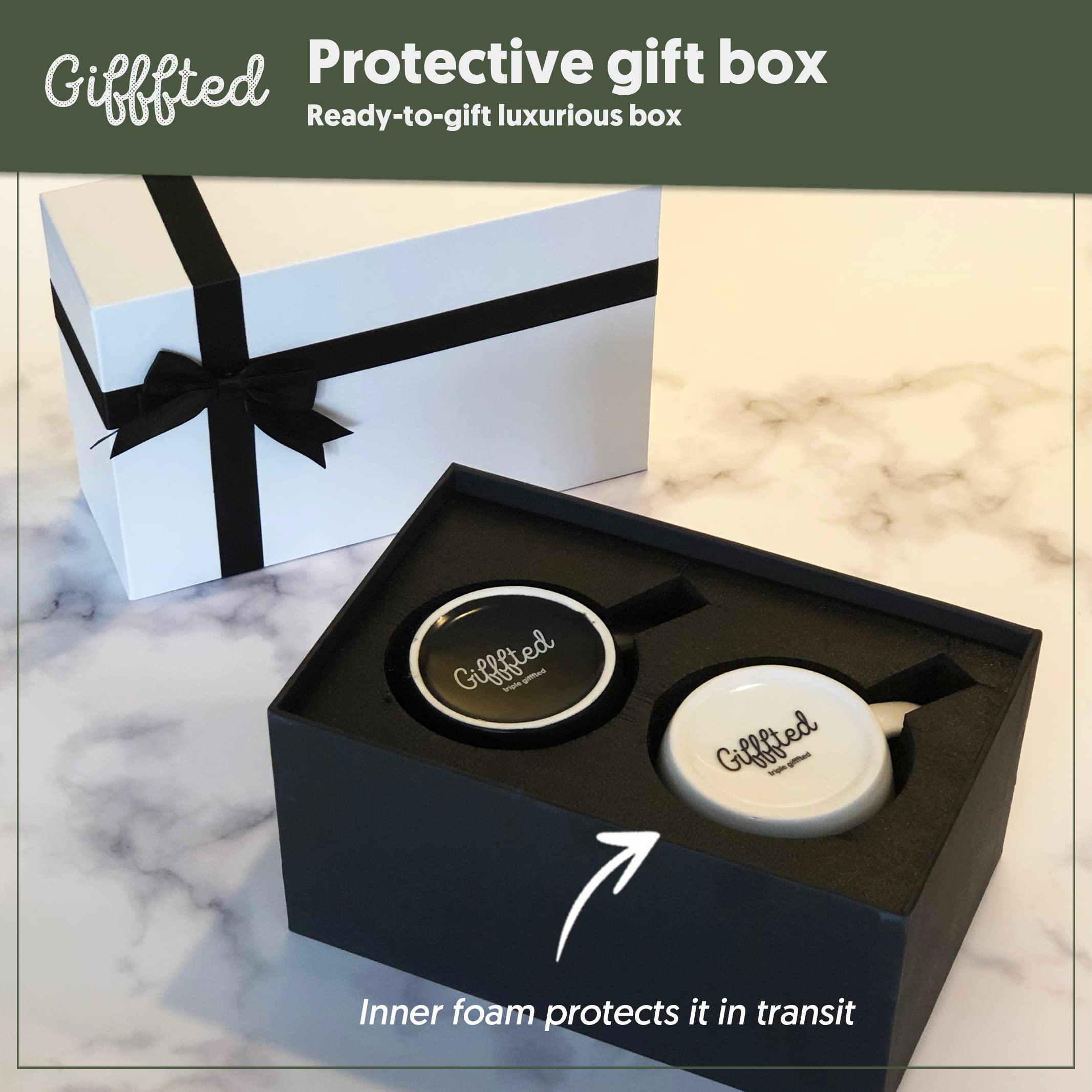 Triple Gifffted ceramic mug pair in a protective gift box, ready for gifting.