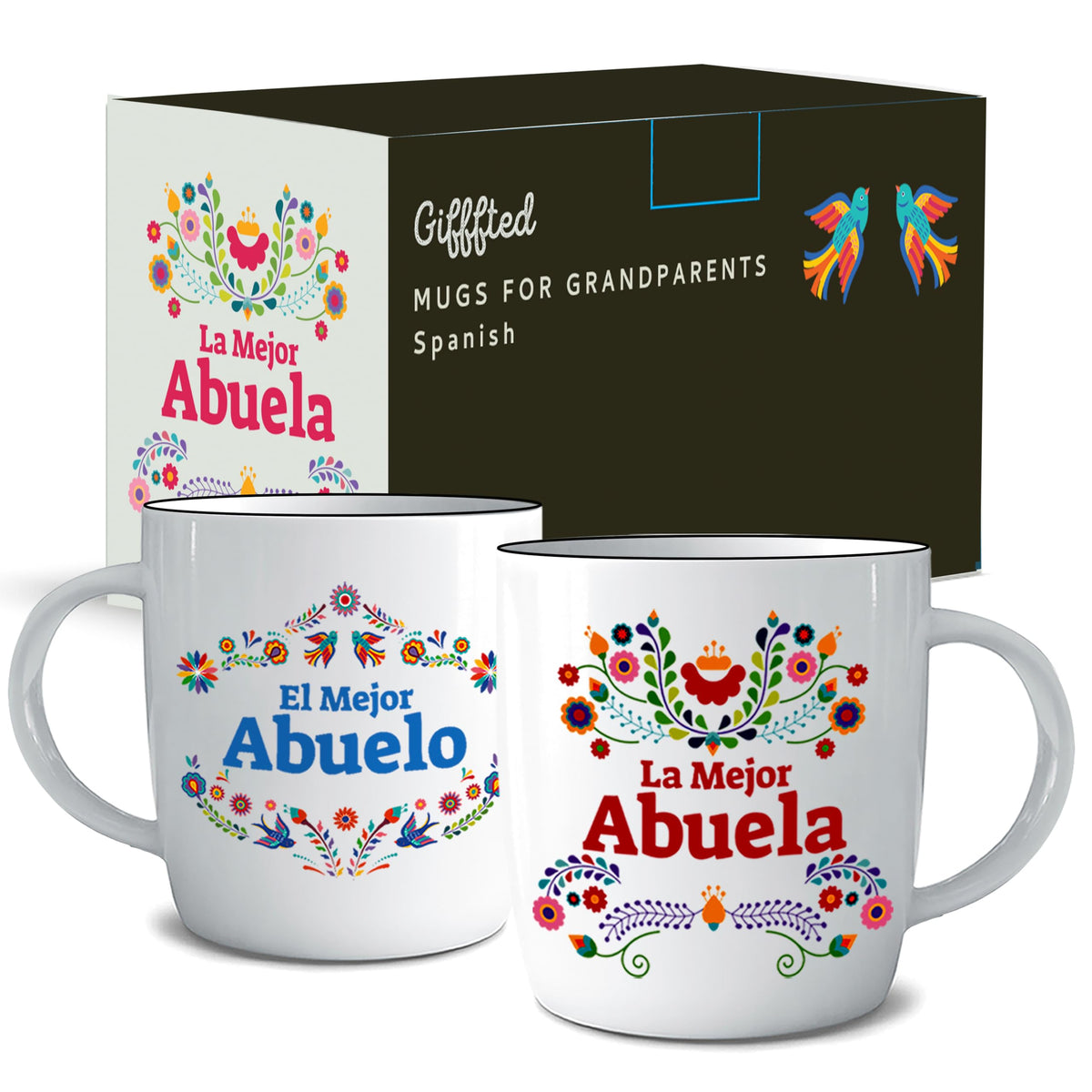 Triple Gifffted grandparent mug in a colorful gift box, ready for gifting