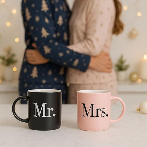 Triple Gifffted Mr Mrs mugs showcase black and blush design for a romantic kitchen display