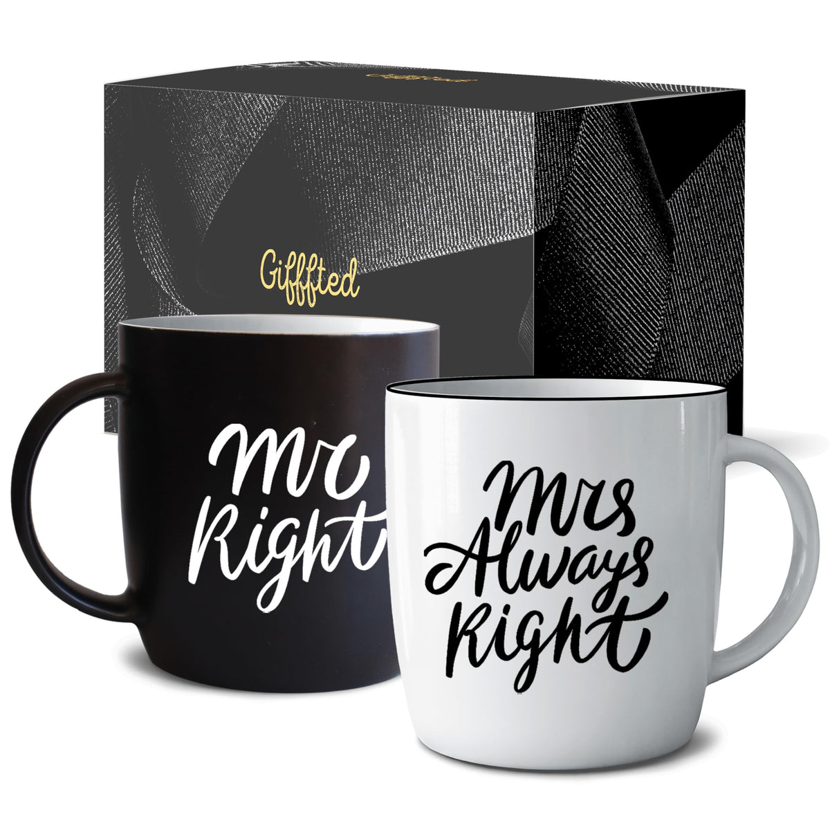 Triple Gifffted Mr Right Mrs Always Right mugs in a ready-to-gift box for couples