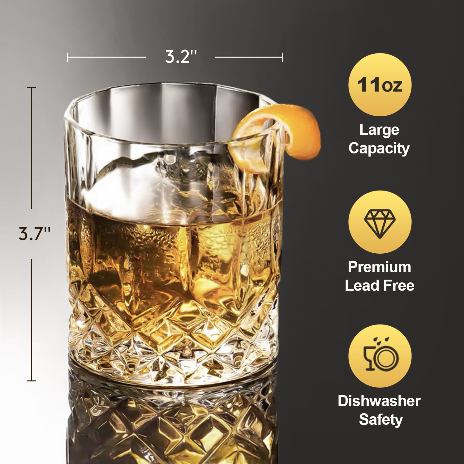 Triplorare whiskey glass on wood with warm light, enhancing ambiance.