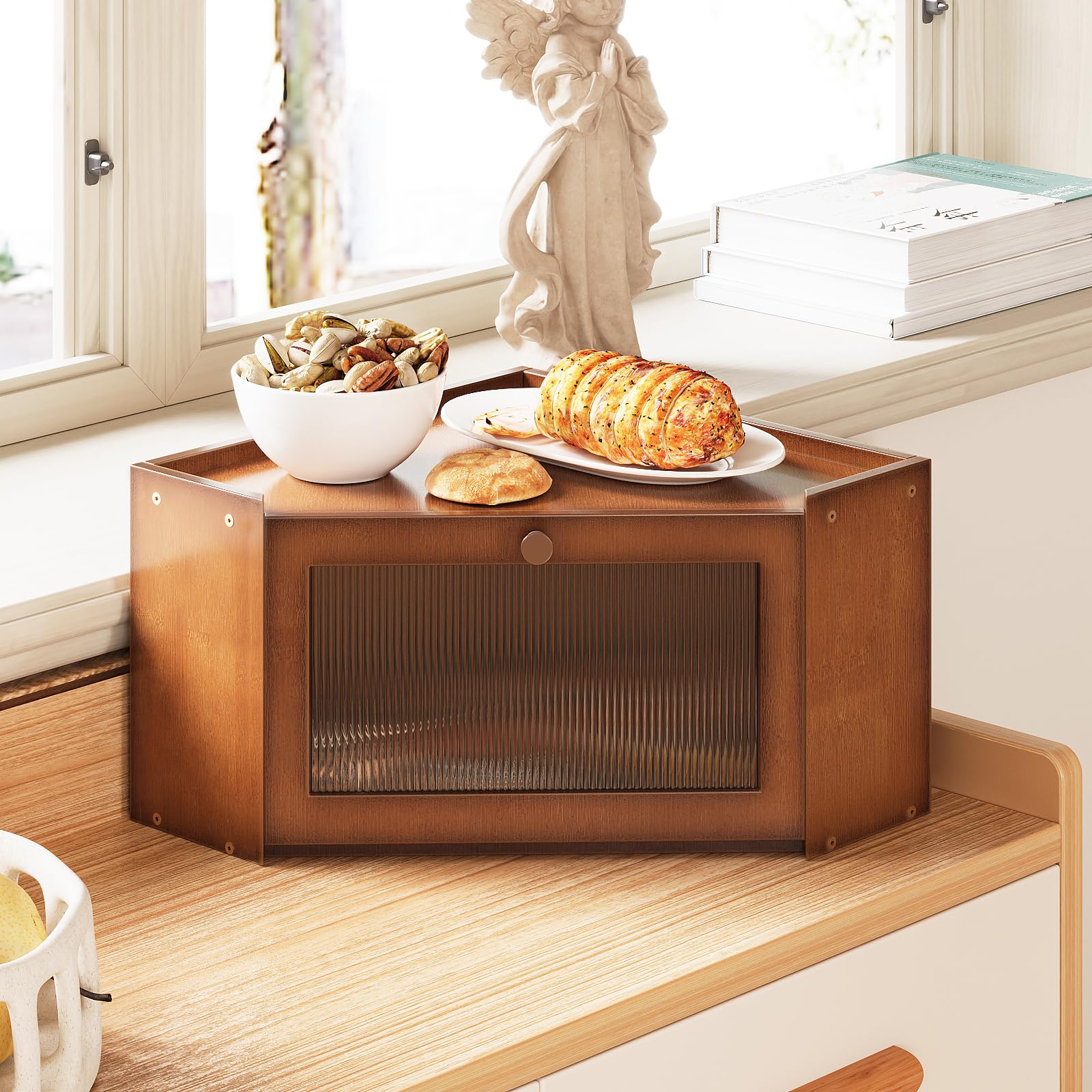 Trironsun bamboo bread box door closeup with magnetic smooth opening