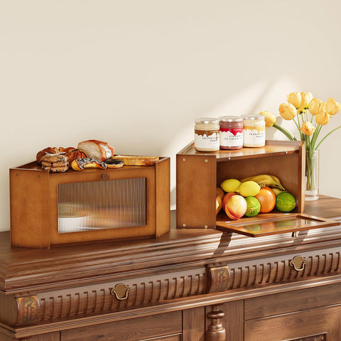 Trironsun bamboo bread box on counter demonstrates space-saving design