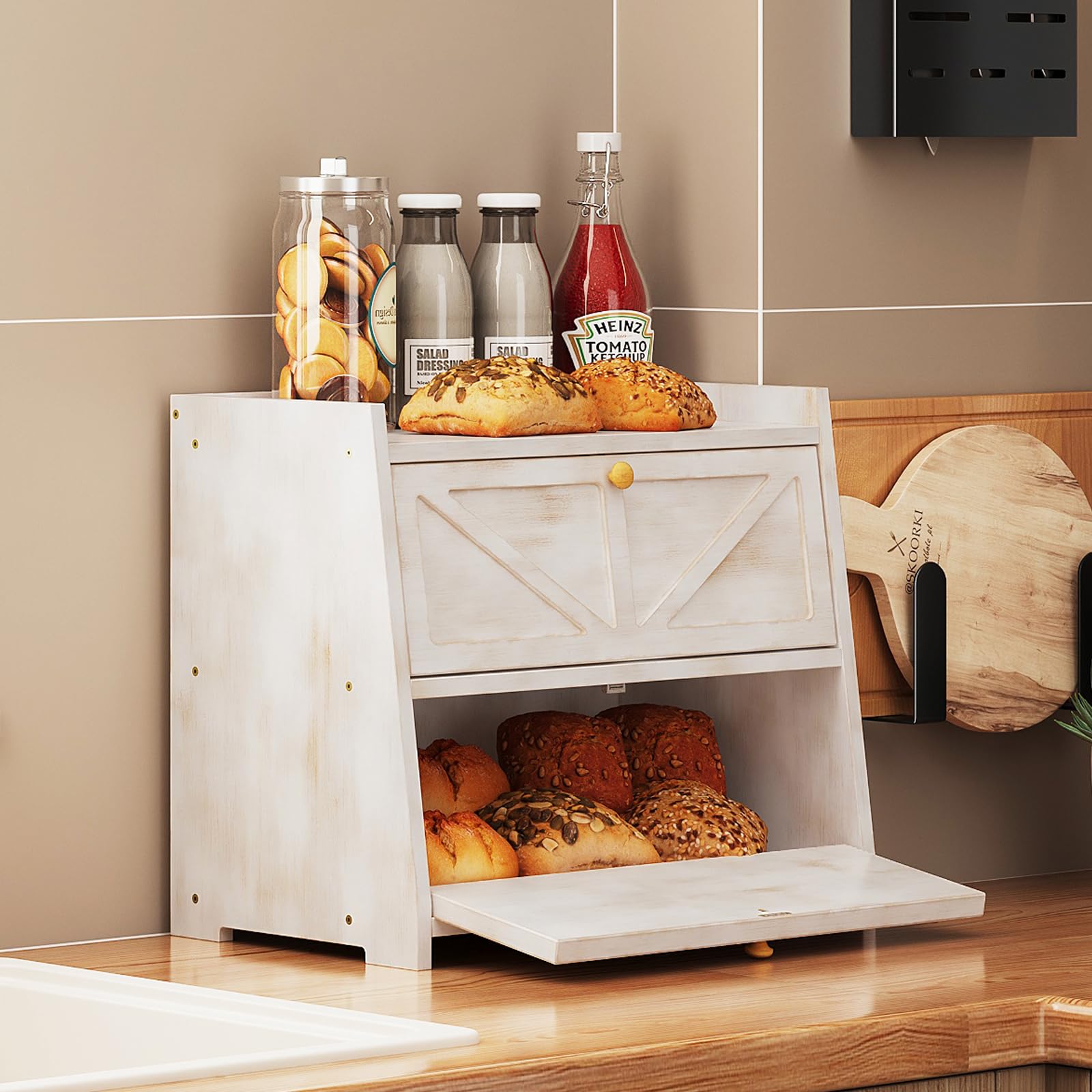 Trironsun bamboo bread box interior with two shelves for loaves.