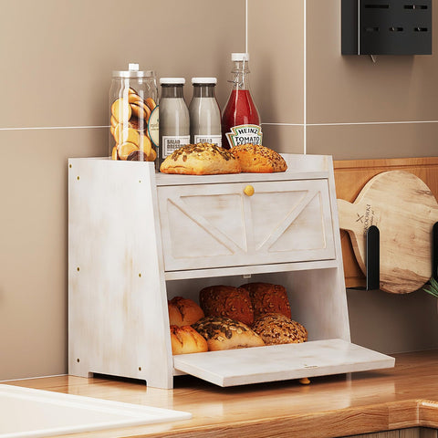 Trironsun bamboo bread box interior with two shelves for loaves.