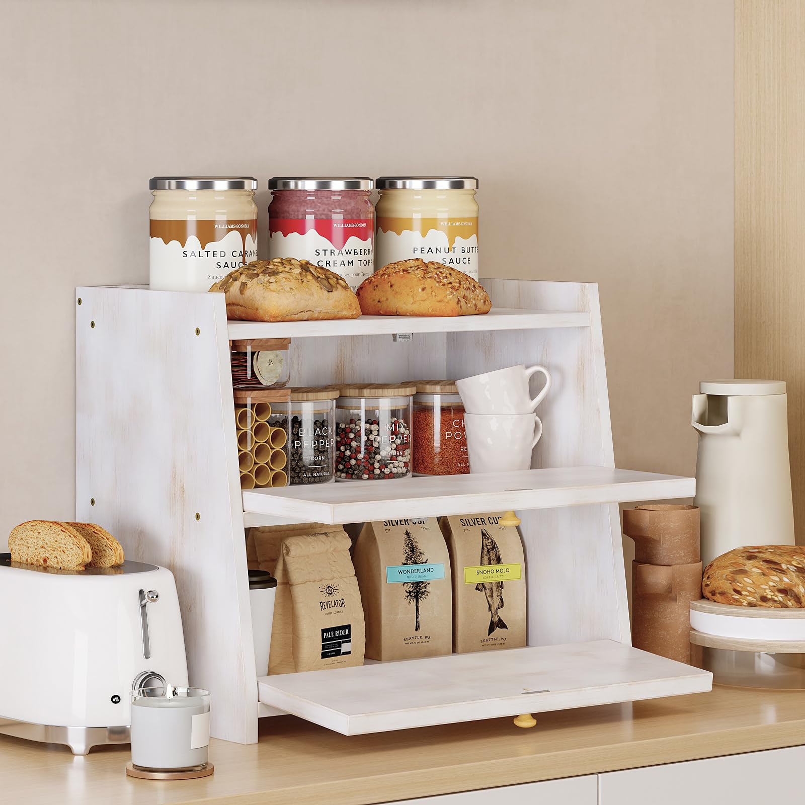 Trironsun bamboo bread box magnetic door close-up for smooth operation.