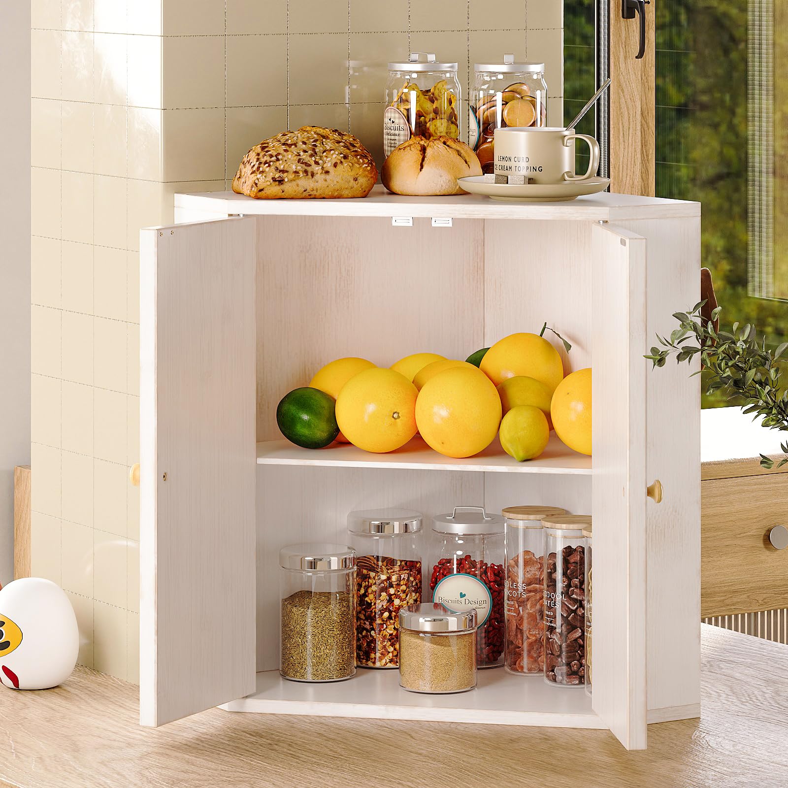Trironsun bamboo bread box on kitchen counter, spacious for daily use.