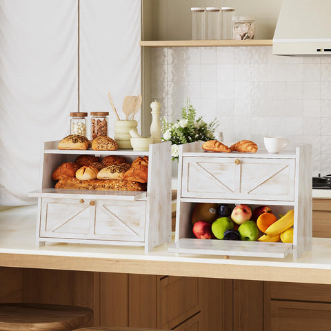 Trironsun bread box on kitchen counter with flat top for extra storage.