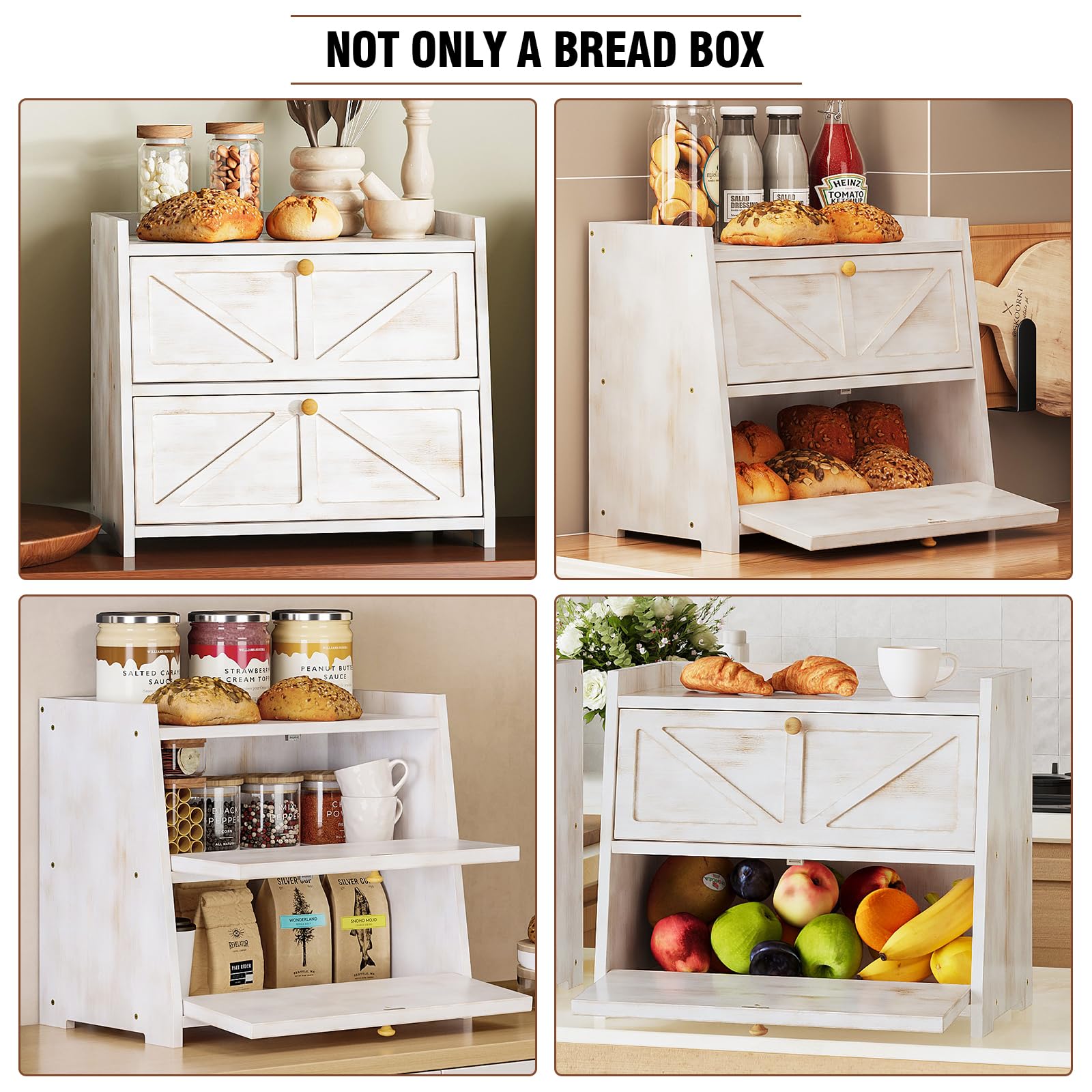 Trironsun bamboo bread box opened with loaves illustrating two-tier space.