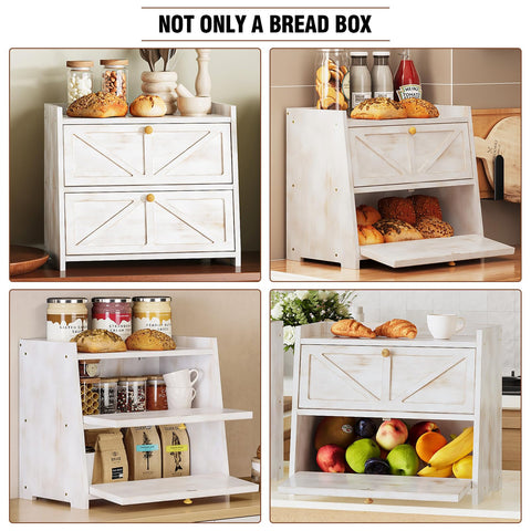 Trironsun bamboo bread box opened with loaves illustrating two-tier space.