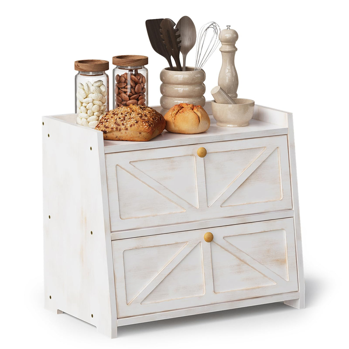 Trironsun bamboo bread box on counter shows two-layer storage for freshness.