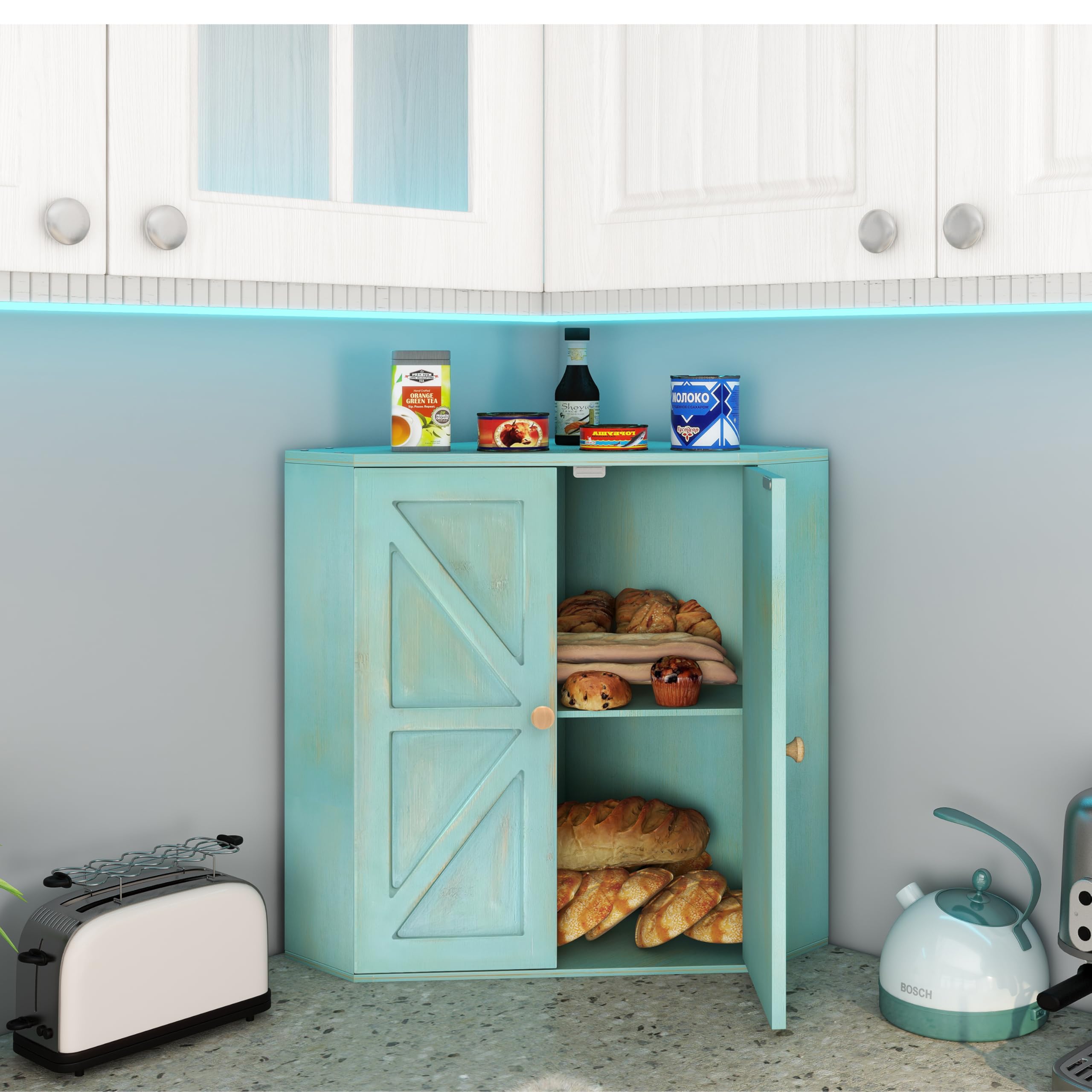 Trironsun bamboo bread storage bin in antique blue preserves crusts and reduces clutter.