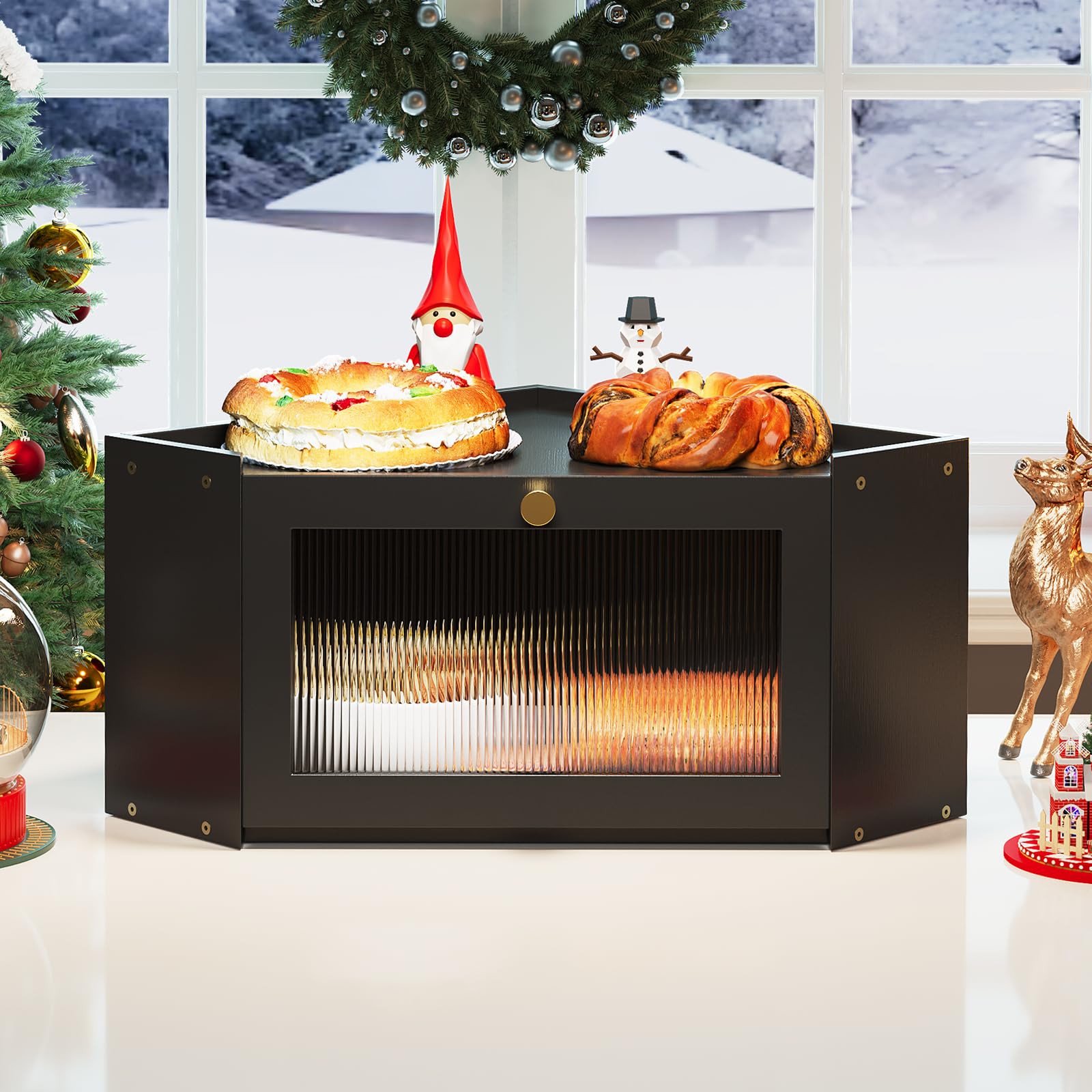 Trironsun bread box open door reveals stored loaves and muffins