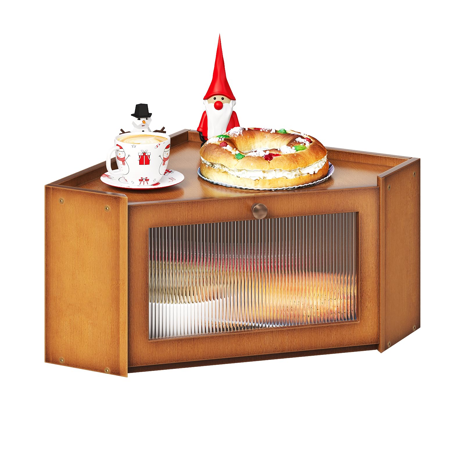 Trironsun corner bamboo bread box front view shows spacious storage for loaves