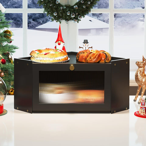 Trironsun bread box open door reveals stored loaves and muffins