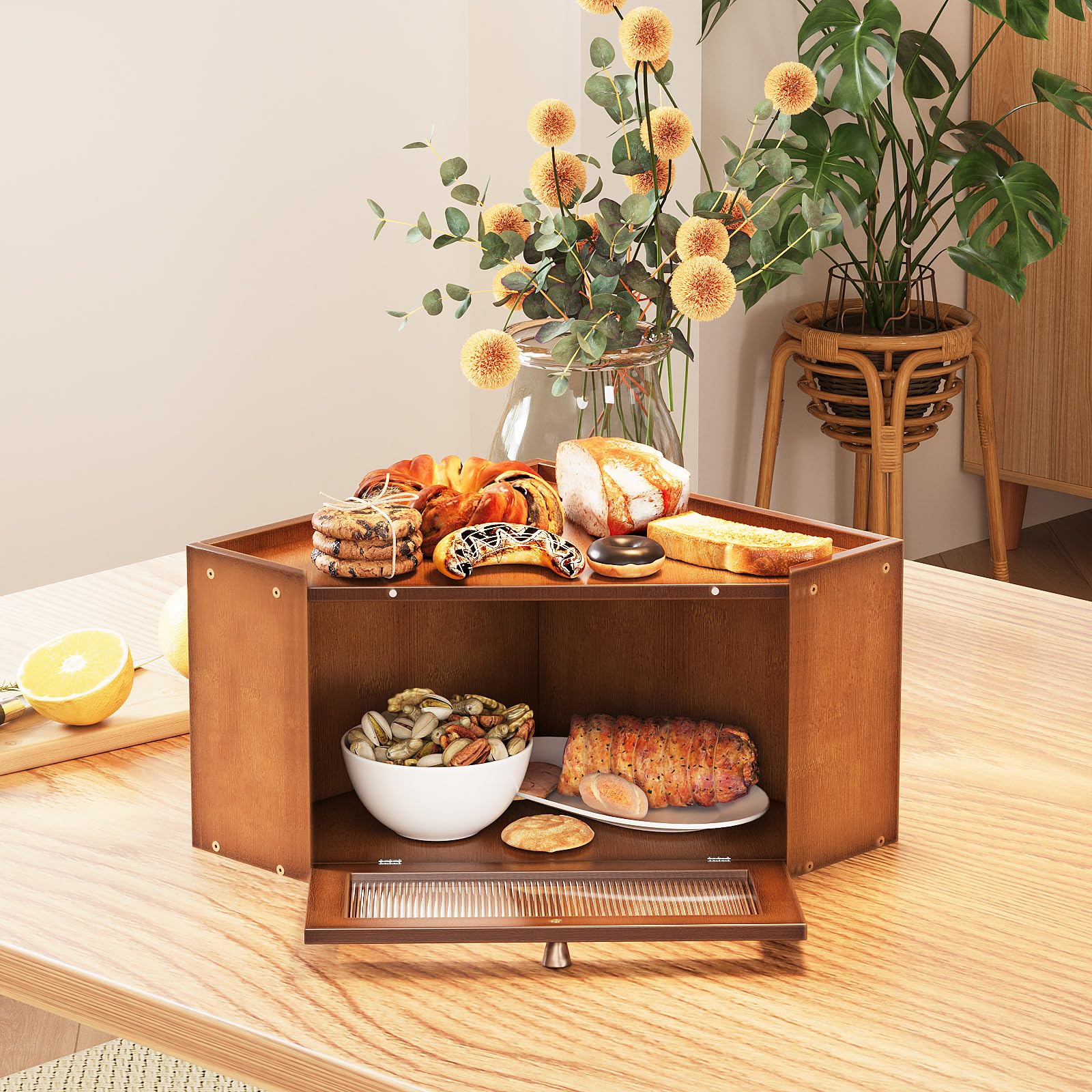 Trironsun corner bamboo bread box side view highlights sturdy build