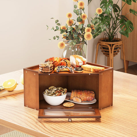 Trironsun corner bamboo bread box side view highlights sturdy build