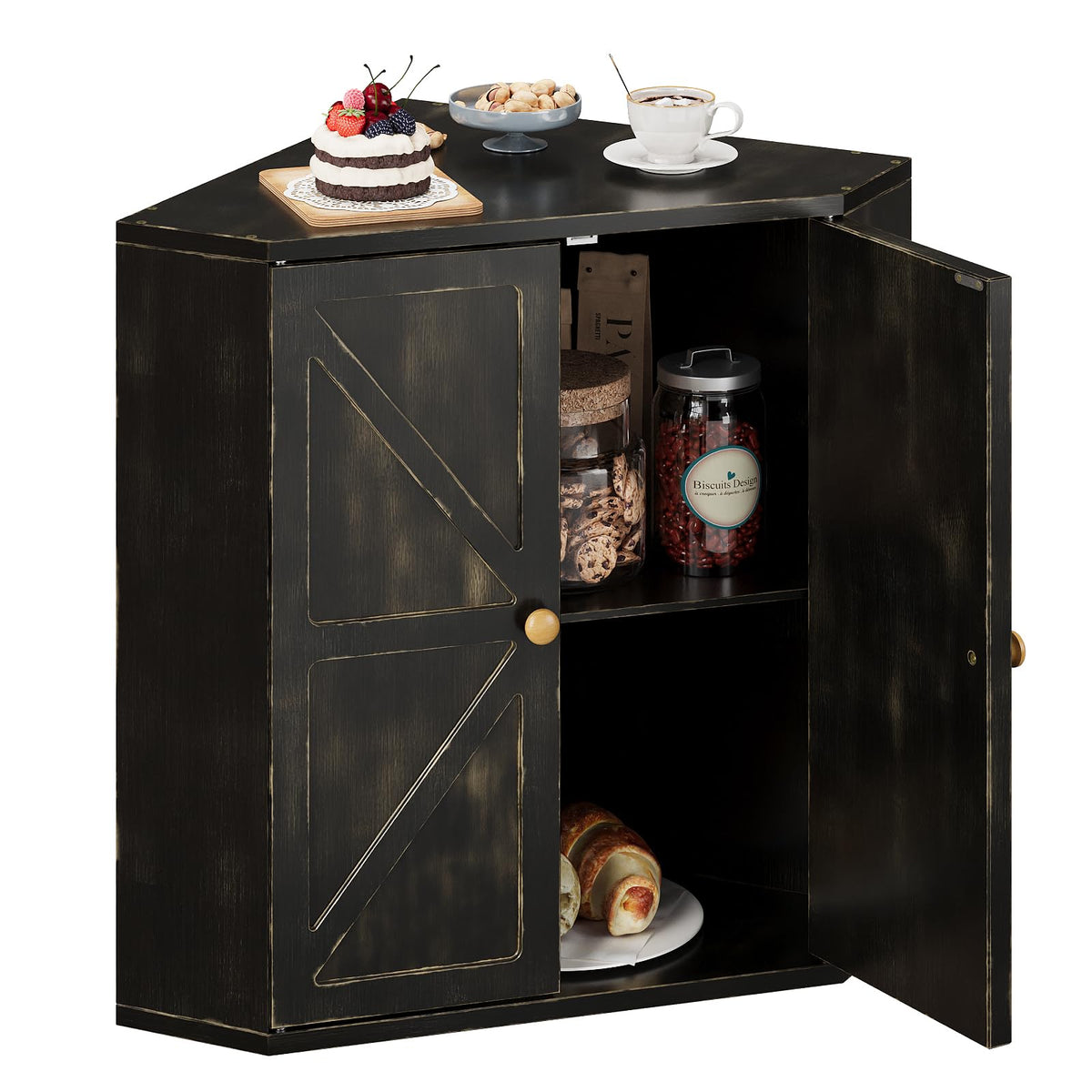 Trironsun corner bread box with double layer bamboo on counter